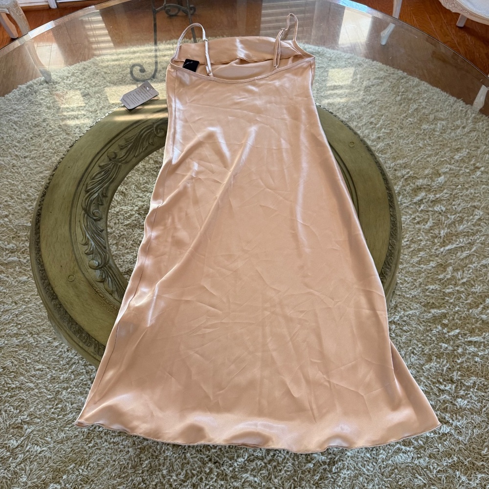 Bebe Gold Satin Draped Neck Slip Tea Length Dress NWT Size XS Party Cocktail - Picture 5 of 9